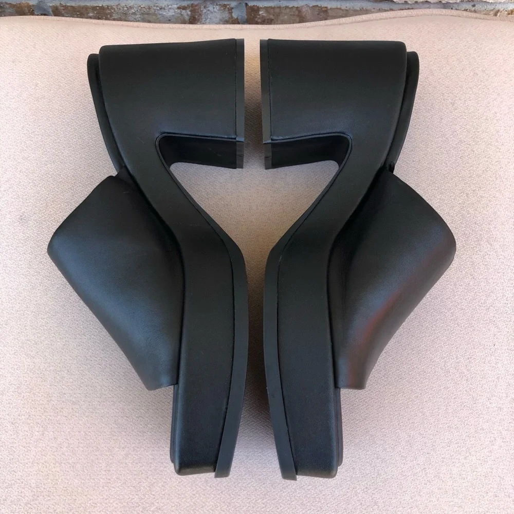 Zara Black Leather Chunky Heel Squared Toe Versatile Slip On Platform Shoes‎ 42